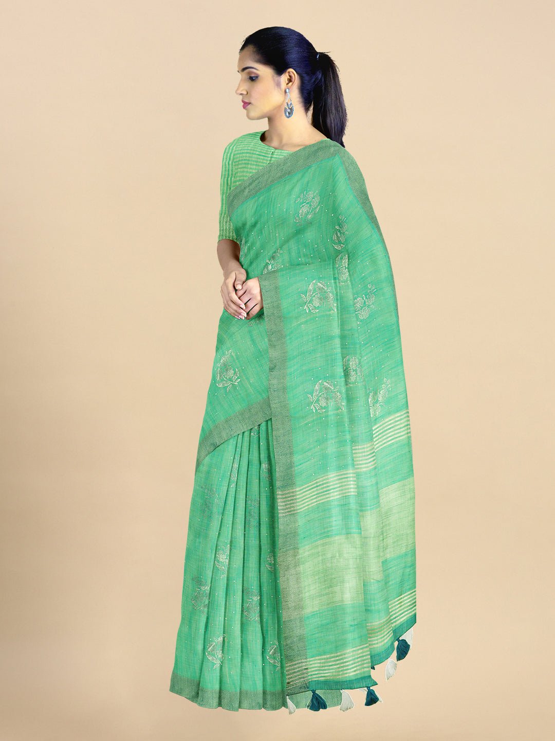 Womens Semi Linen Green Saree SL88