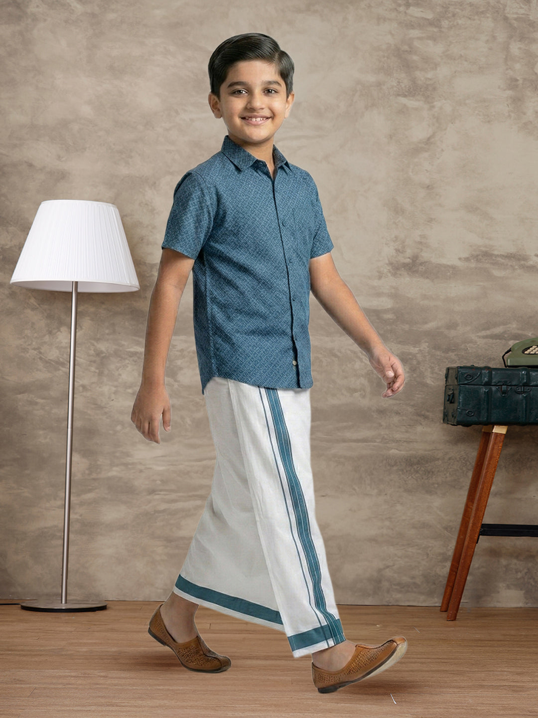 Like Father Like Son Matching Border Dhoti with Printed Shirt Combo Set Teal Blue PS27