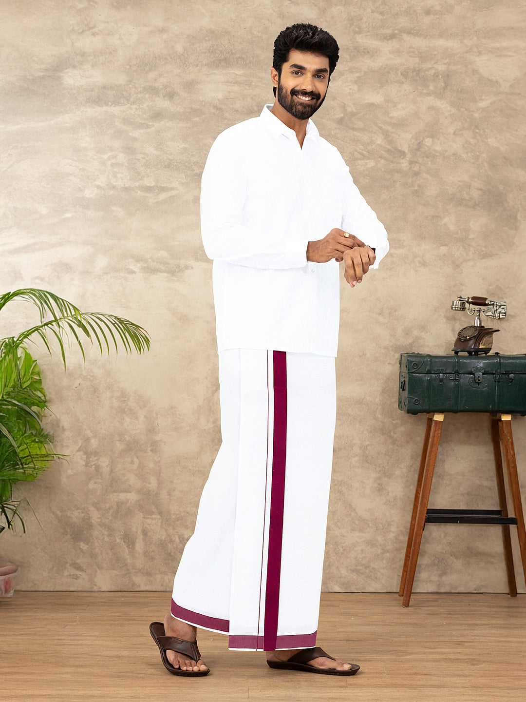 Men Cotton Blend Single Layer White Dhoti with Big Border WS26