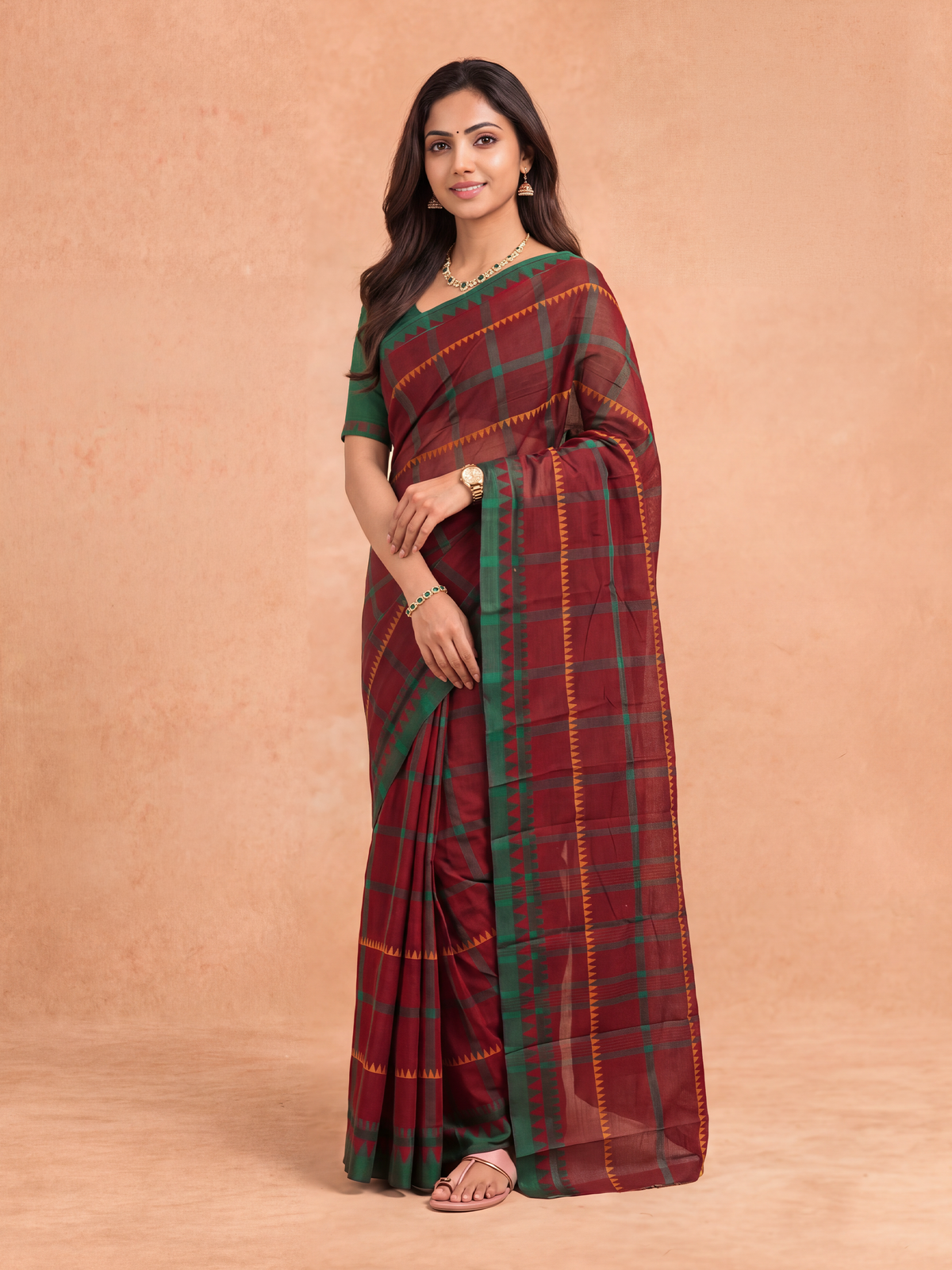 Women Chettinad Cotton Maroon with Green Saree CCS16
