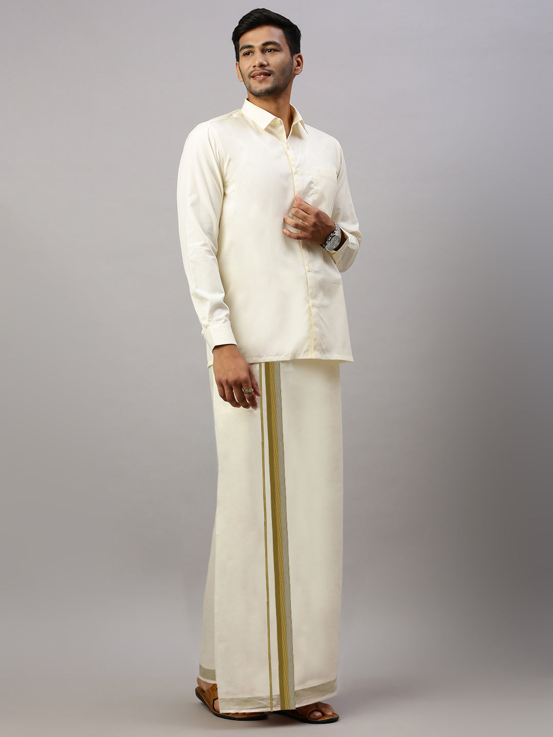 Mens Green Jari Fancy Border Kora Dhoti EGJ07