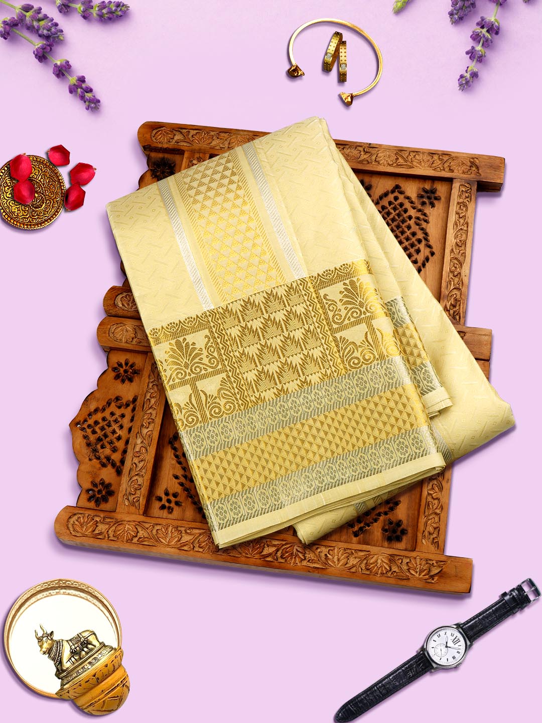 Pure Silk Dark Cream Colour 4" Gold Jari Border Dhoti With Towel Thirukalyan-View one