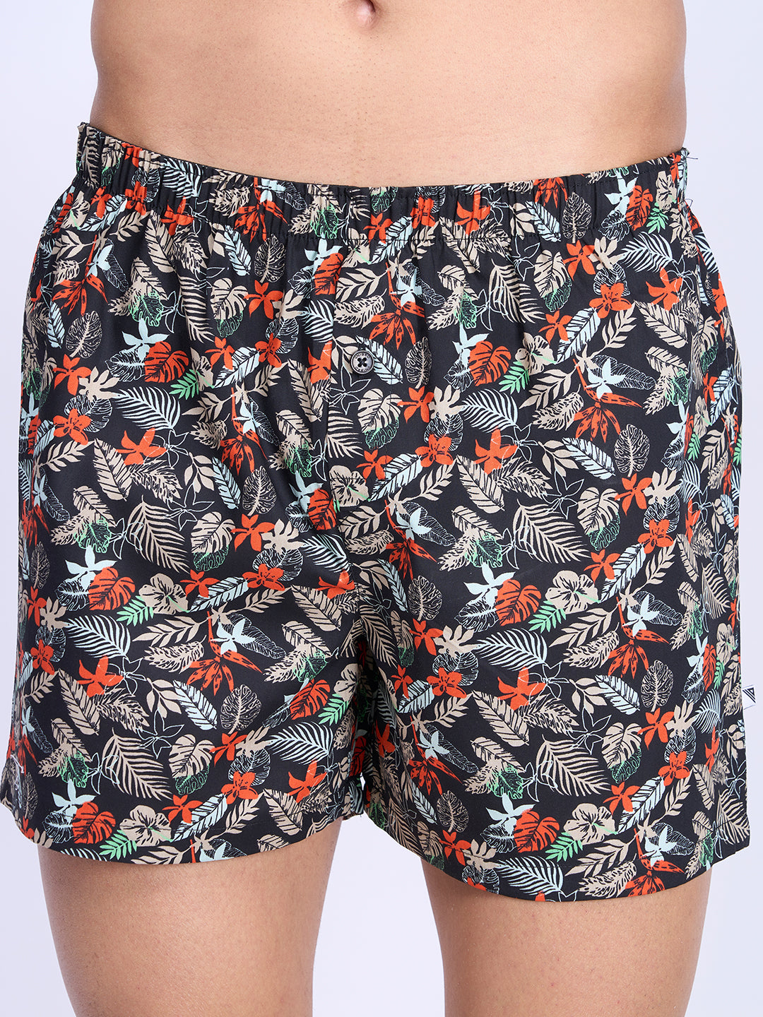 Men's Boxer Inner Mens Woven Inner Boxer Black Leaf Flower Print Shorts