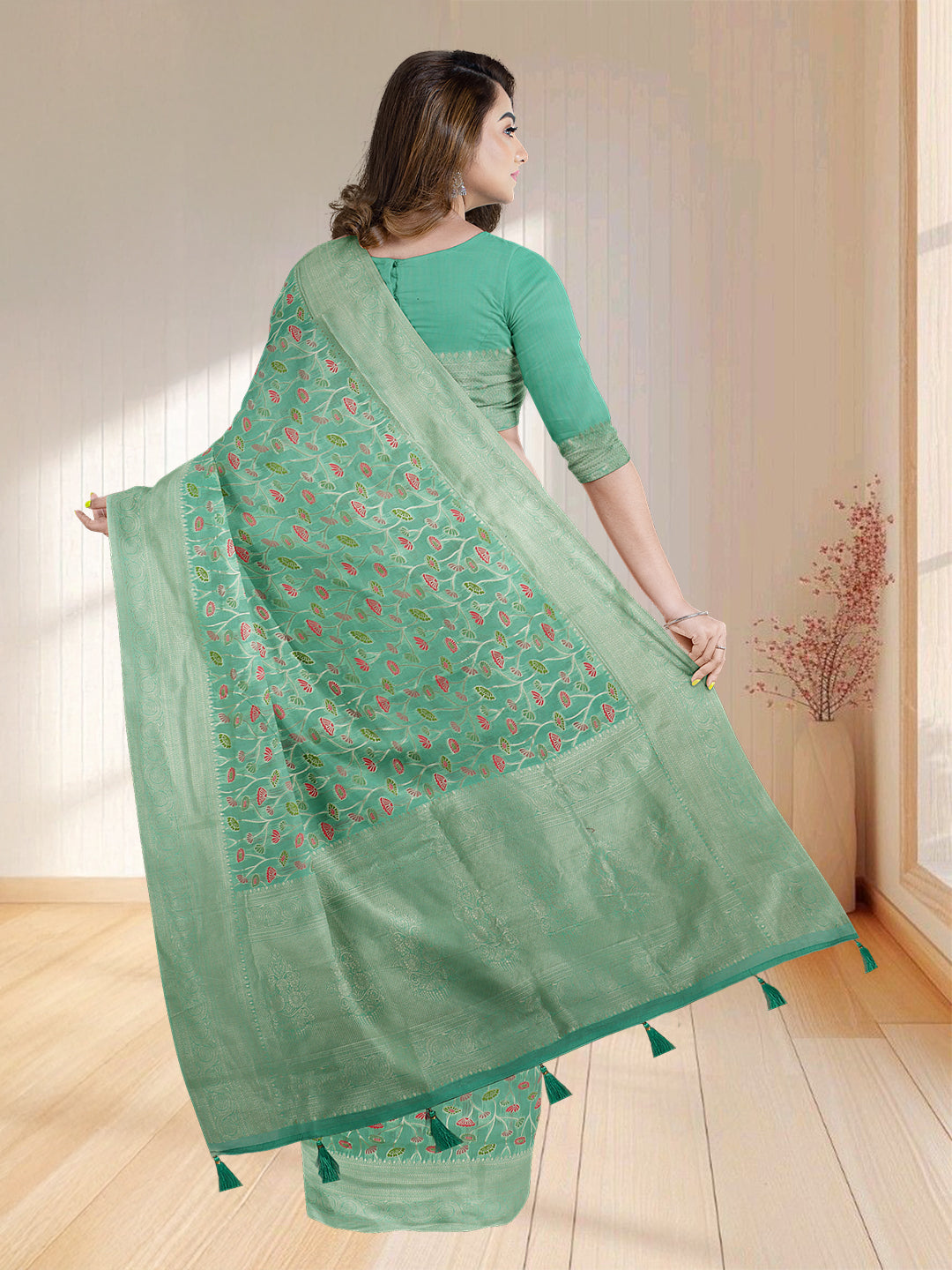 Women Green Art Silk Embroidered Saree ASS35
