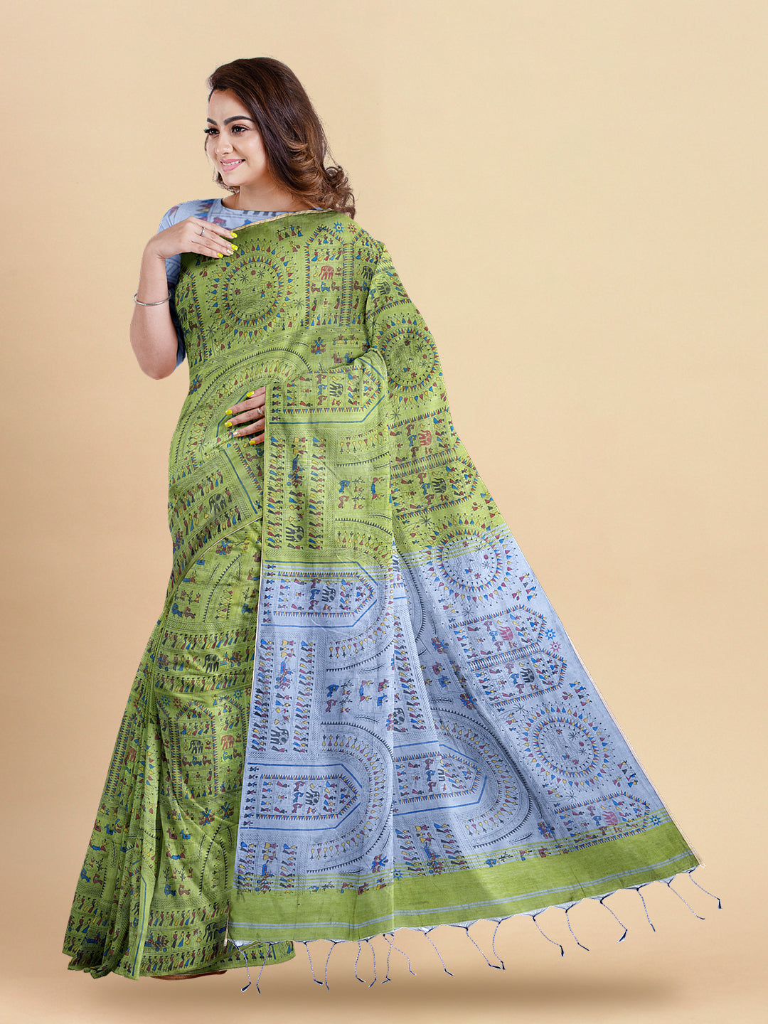 Womens Gorgeous Green with Grey Self Designed Pure Cotton Weaving Saree PCS68