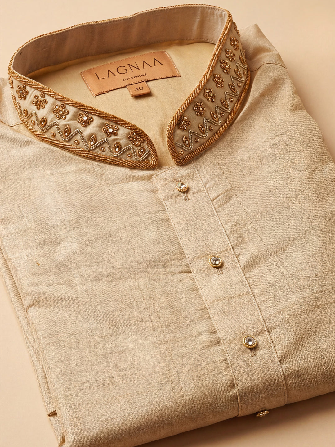 Premium Pure Tussar Silk Hand Embroidered  Mango Sleeves Motif Kurta Panchakacham & Angavastram | Thanga Vaibhavam