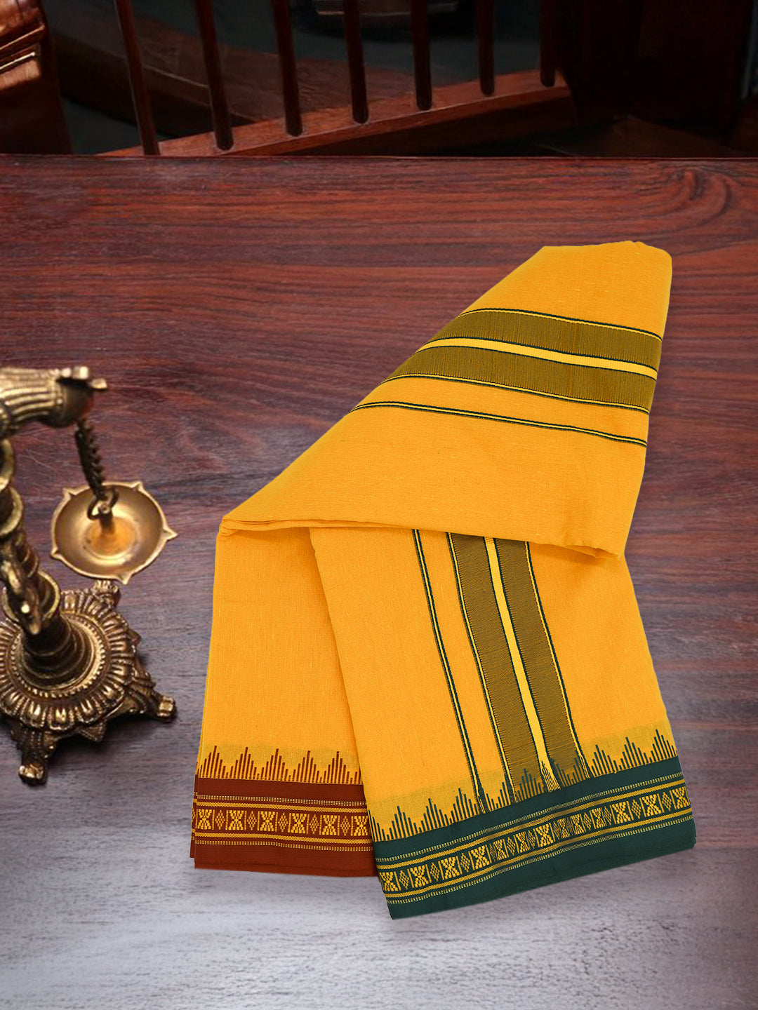 Men 100% Cotton Fancy Border Panchakacham with Angavasthram Mango (9+5)