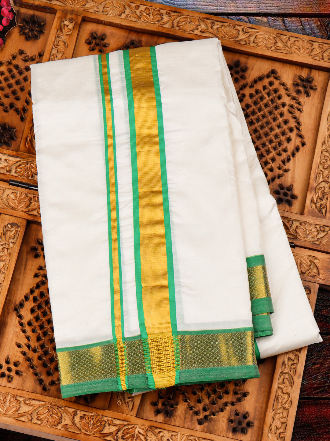 Premium Pure Silk Cream Dhoti with 1" Gold Jari Mixing Green Color Fancy Border "Upasana"