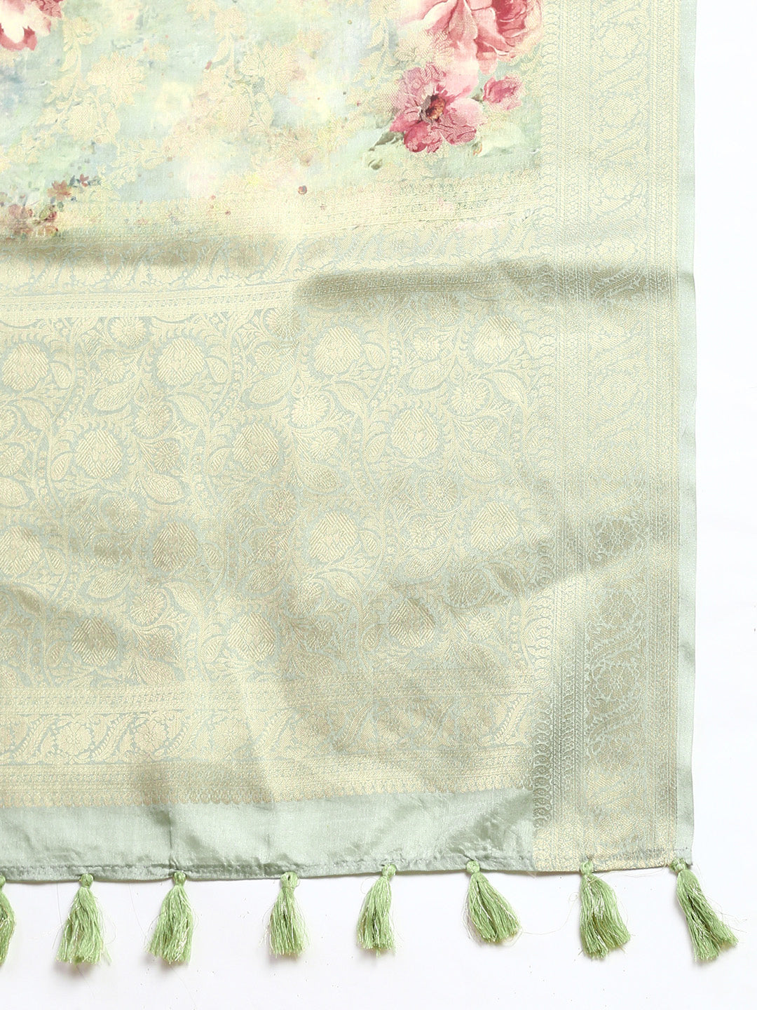 Women Light Green With Floral Printed Dola Semi Weaving Printed Saree DSP06-Zari view