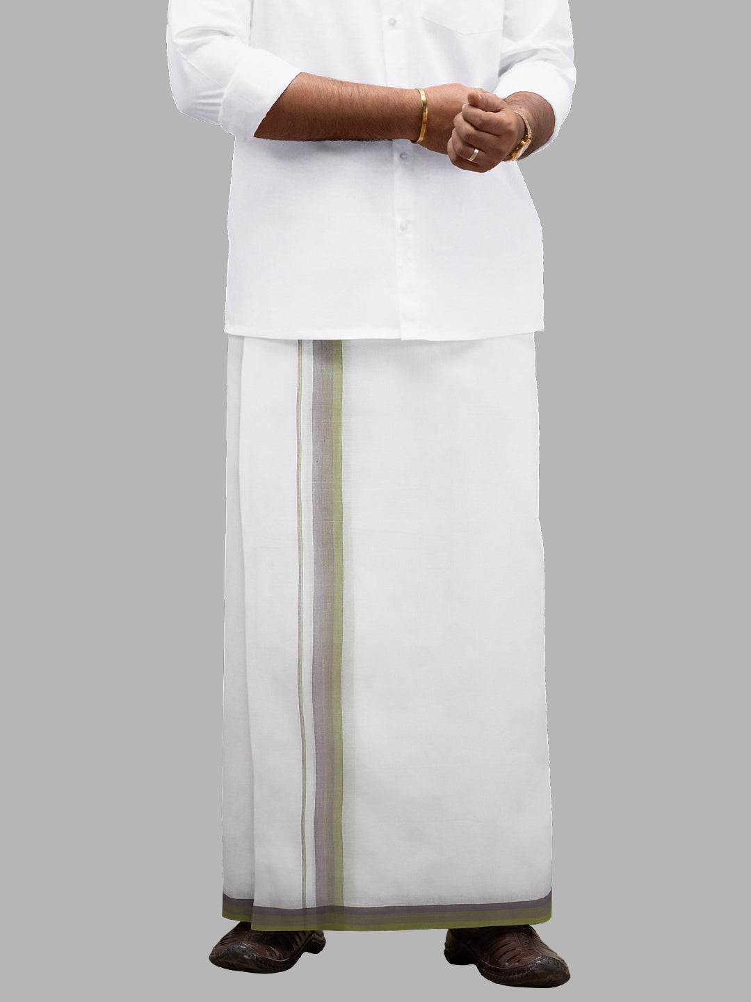 Men Green Fancy Border Double Layer White Dhoti RVS04