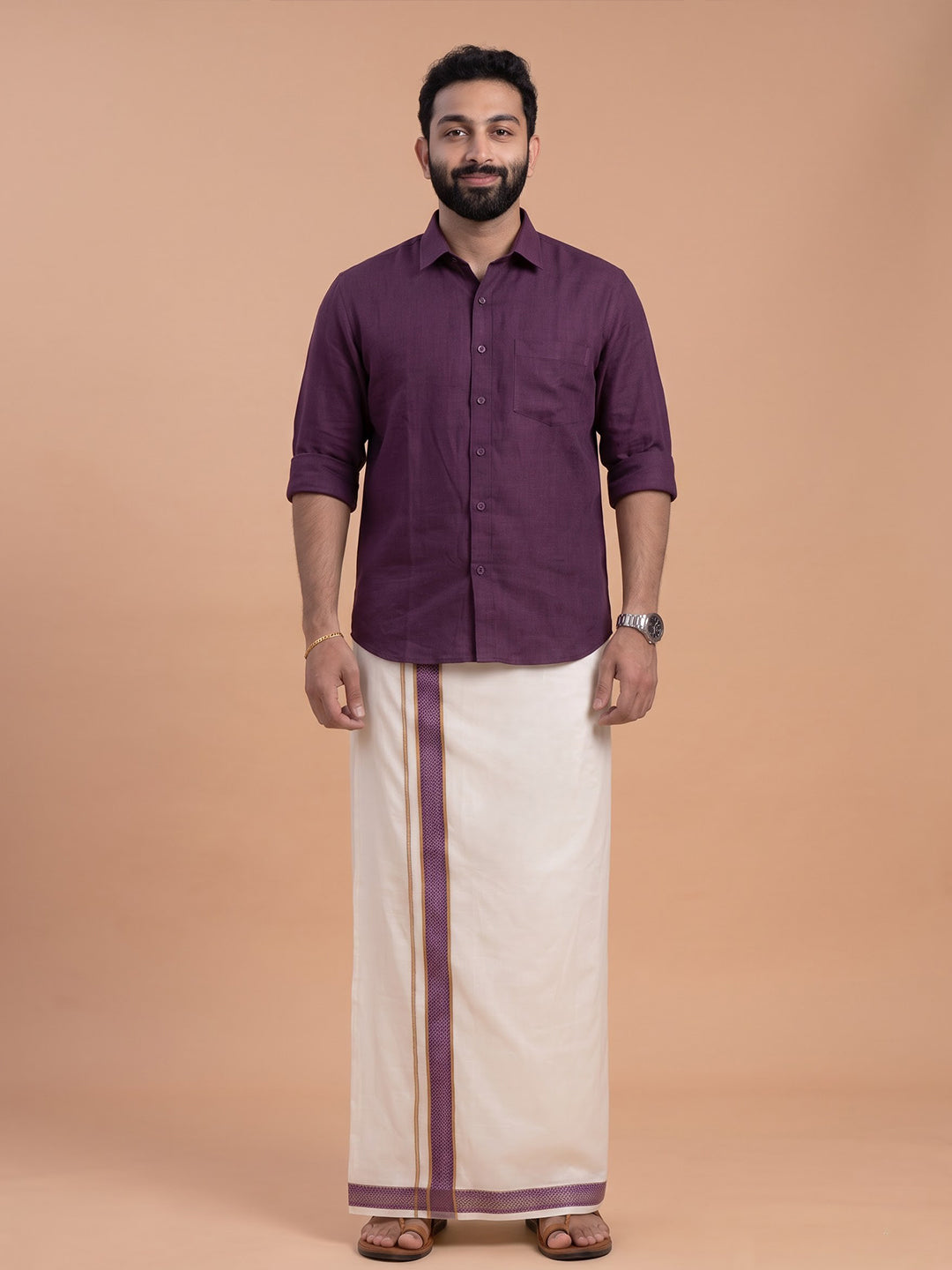Double Layer 100% Cotton Cream Kora Dhoti with Colour Jari Border - CF01