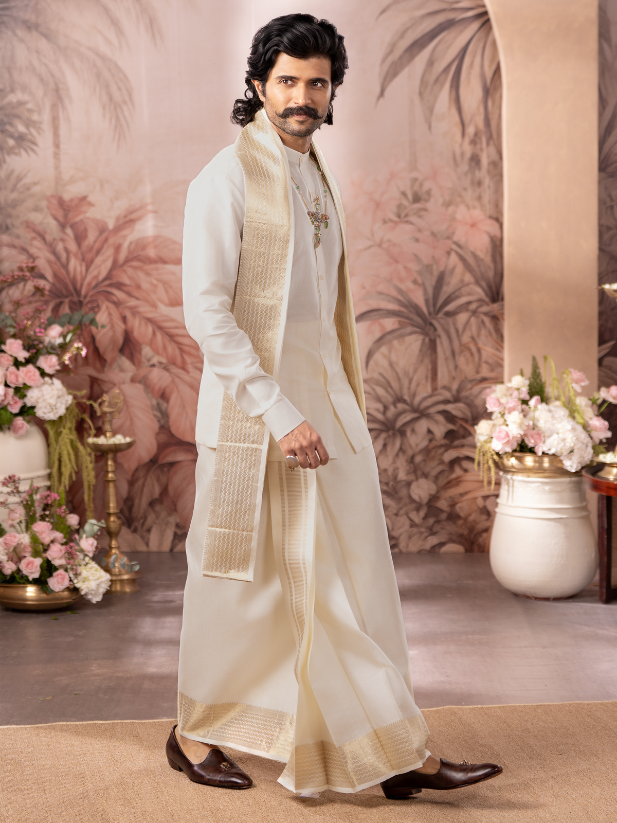 LAGNAA Premium Pure Silk Cream 3X1 Set | Dhoti / Panchakacham, Shirting Fabric & Towel Set | 4-Inch Jari Border | Rajdharbar