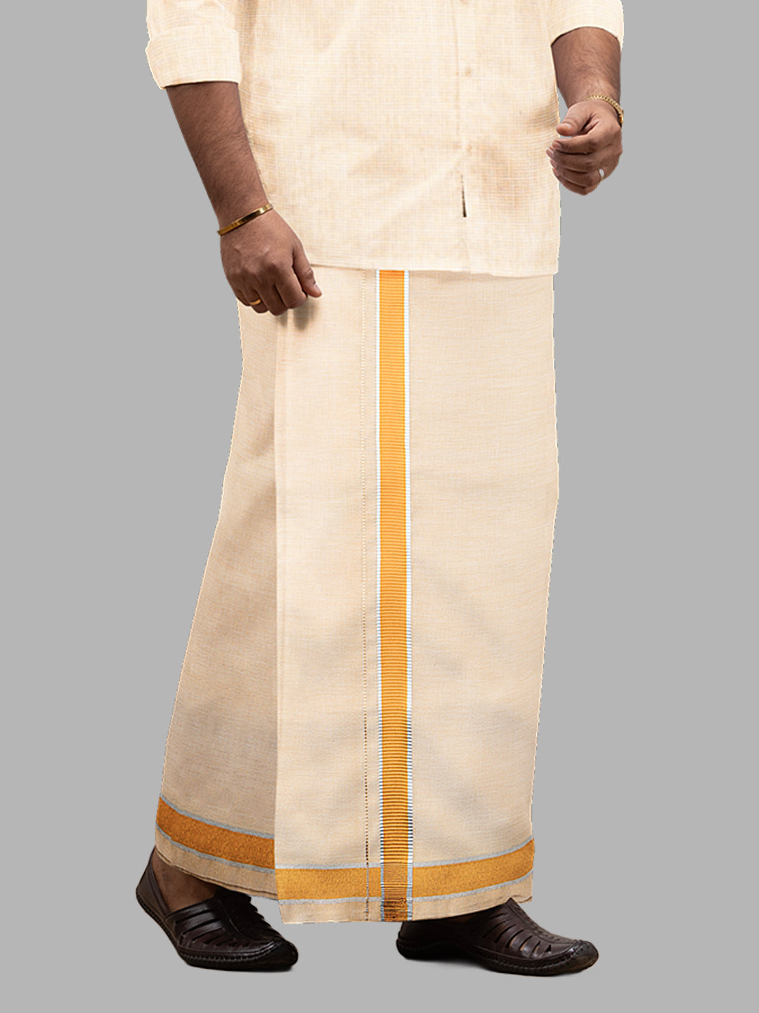 Men Tissue with Gold with Silver Jari Border Single Layer Dhoti