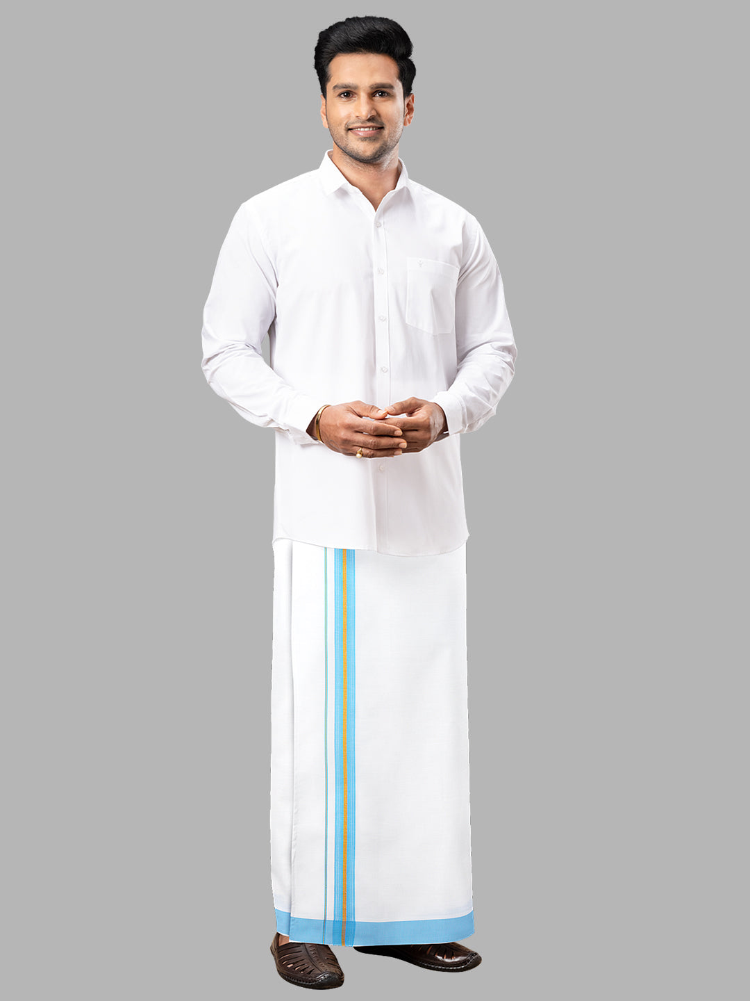 Men Blue Adjustable Pocket Dhoti with Fancy Border GACJ24