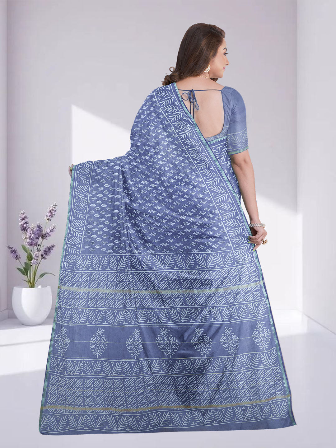 Women Light Blue Semi Chanderi Cotton Printed Saree SC70