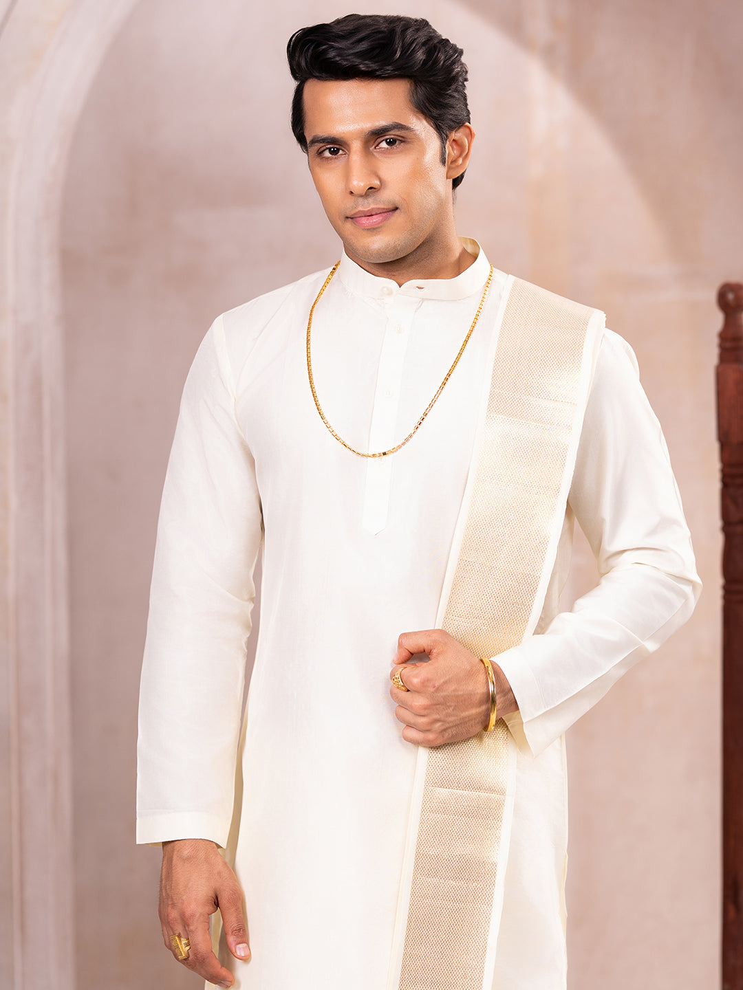 Premium Pure Silk Cream Plain Dhoti Shirting & Towel Set 4" Jari Border – Rajadharbar