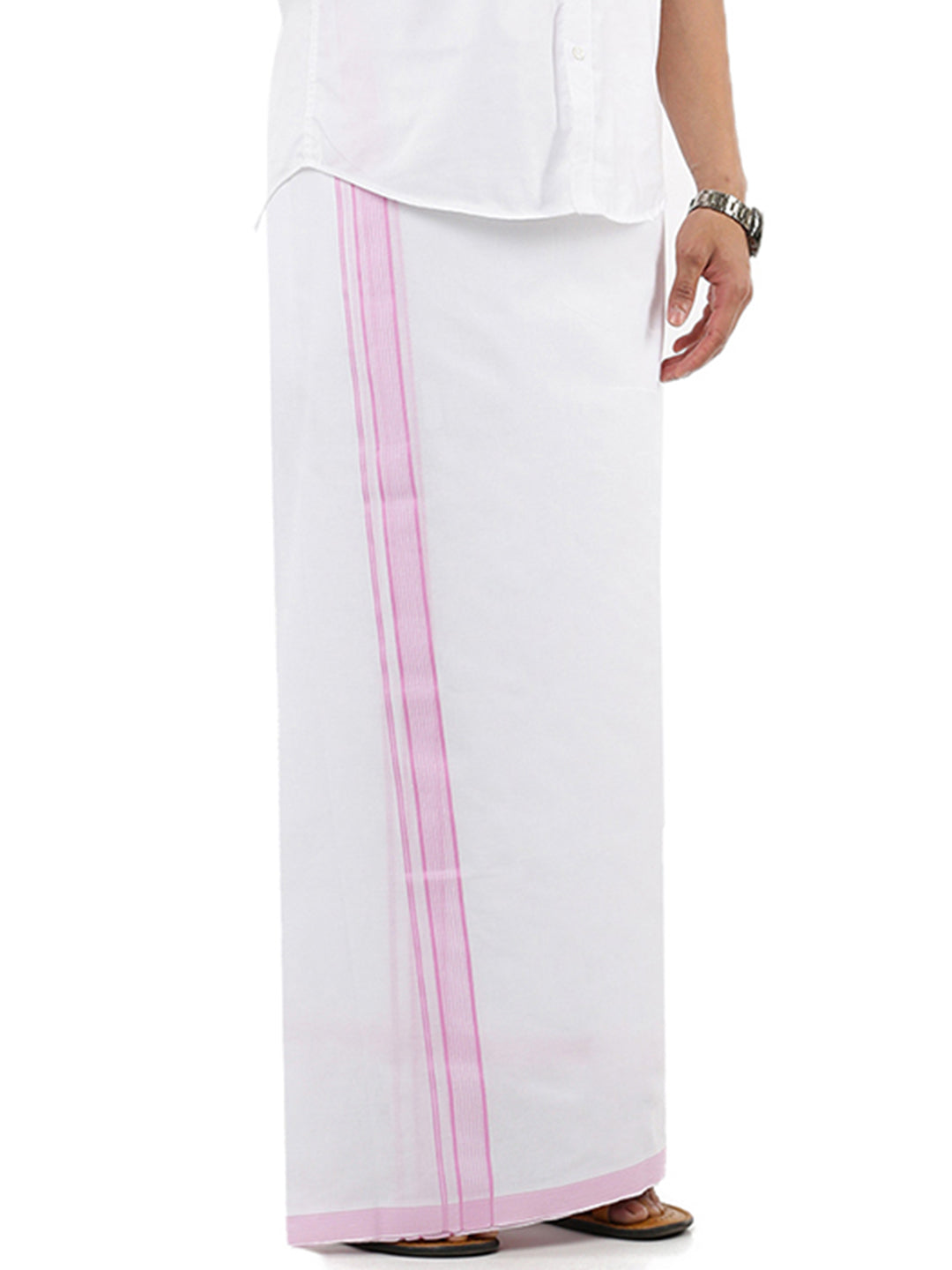 Men Light Pink Fancy Border Double Layer Dhoti White Prompt