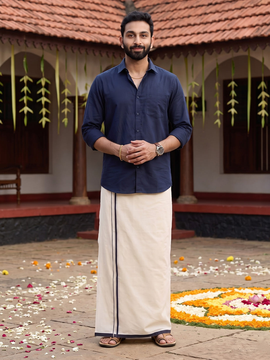 Double Layer 100% Cotton Cream Kora Dhoti with Colour Border - BJK01