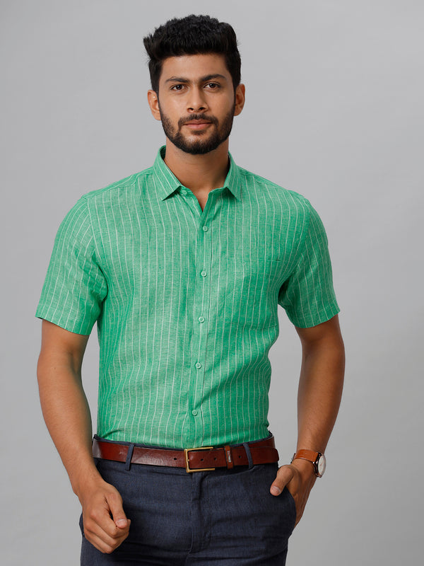 Mens Pure Linen Striped Half Sleeves Green Shirt LS12