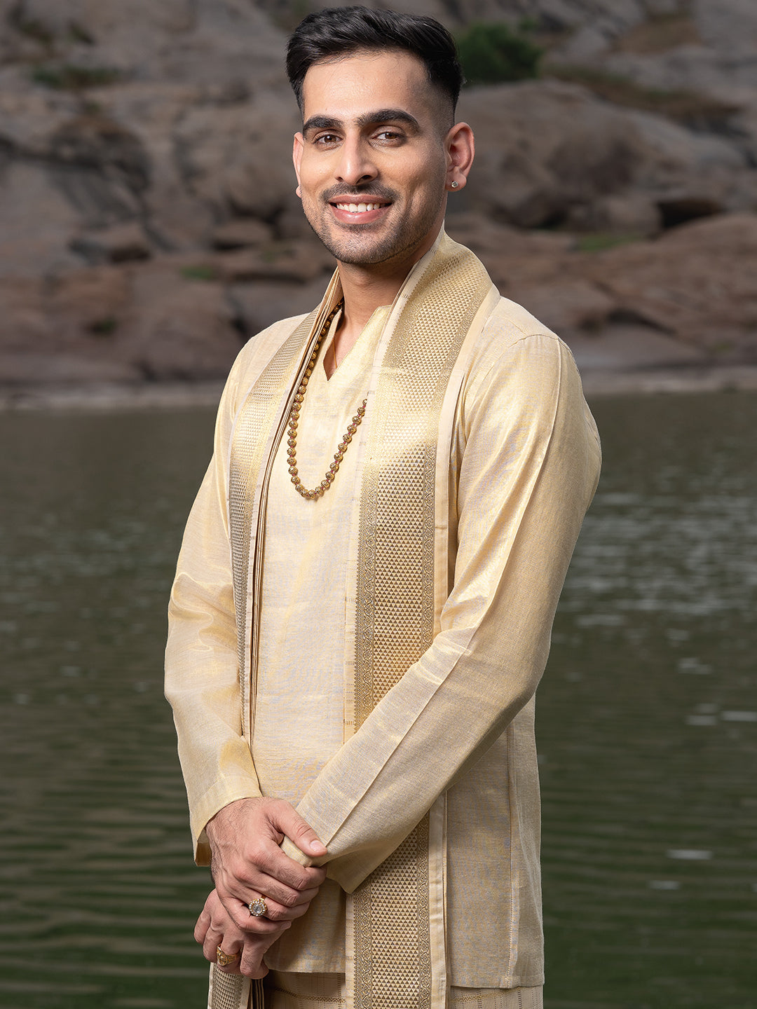 Pure Silk 3" Fawn Dhoti & Towel Wedding Set – Amirtham Muthu Check Gold Jari Design