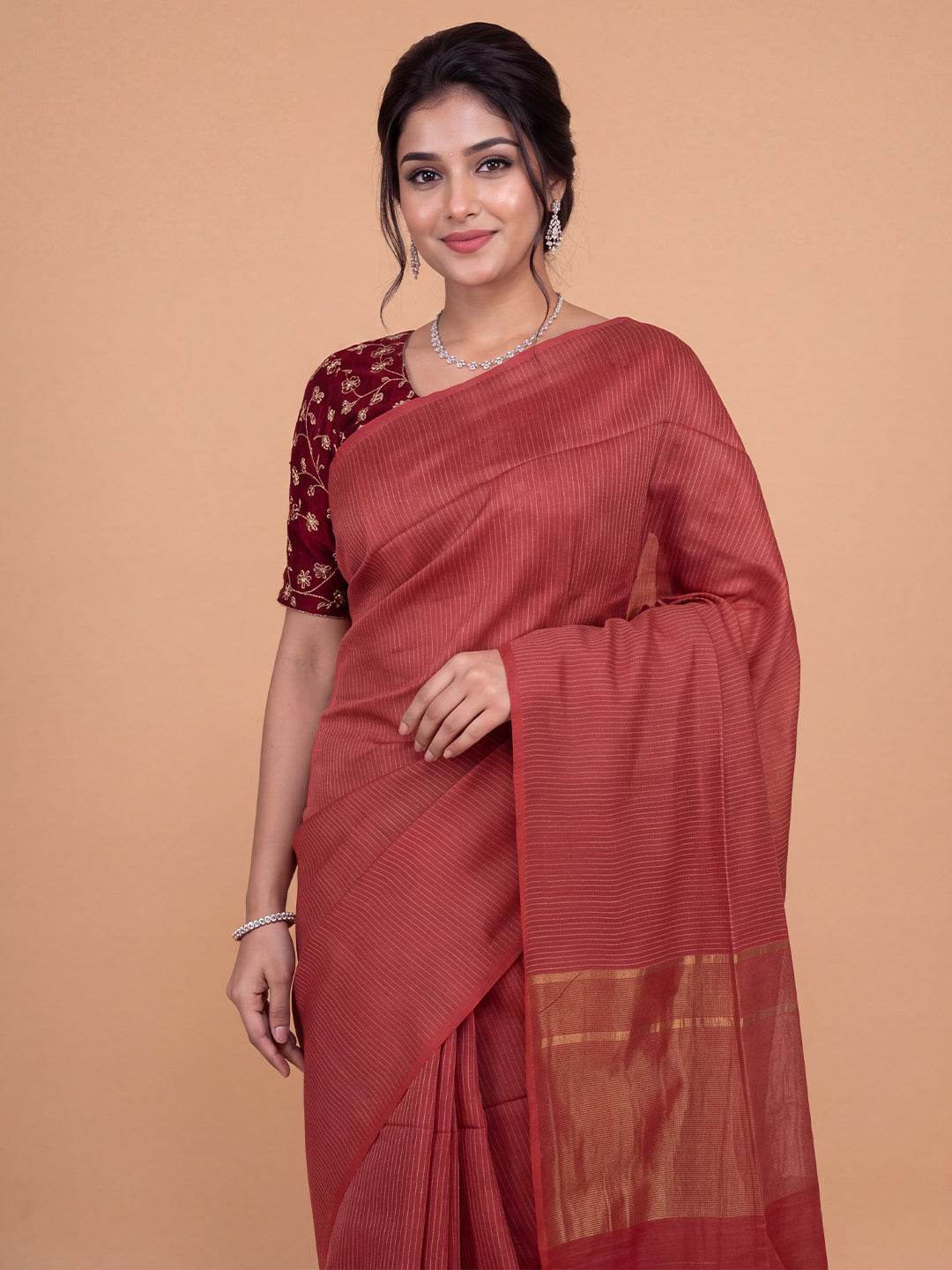 Women Semi Tussar Red Striped Saree ST365