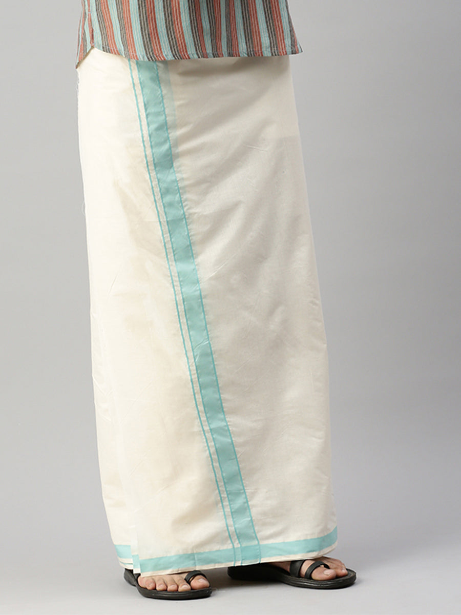 Men Kora Double Dhoti with Sky Blue Plain Border Lake Onam Collection