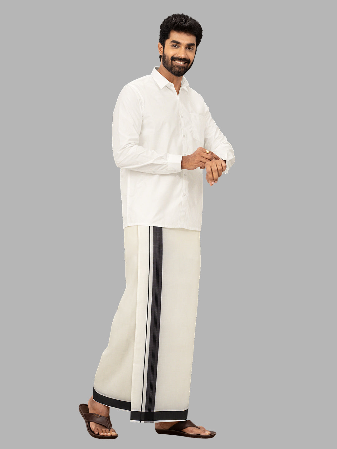 Men Black Fancy Border Double Layer Kora Dhoti VKF04