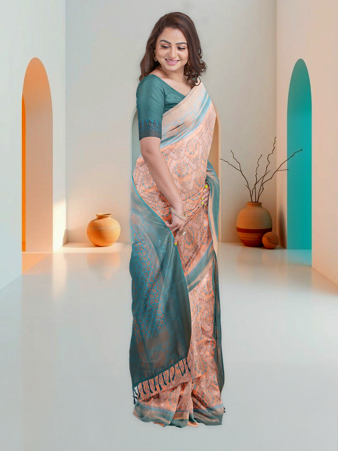 Women Light Copper Art Silk Printed Saree ASS54