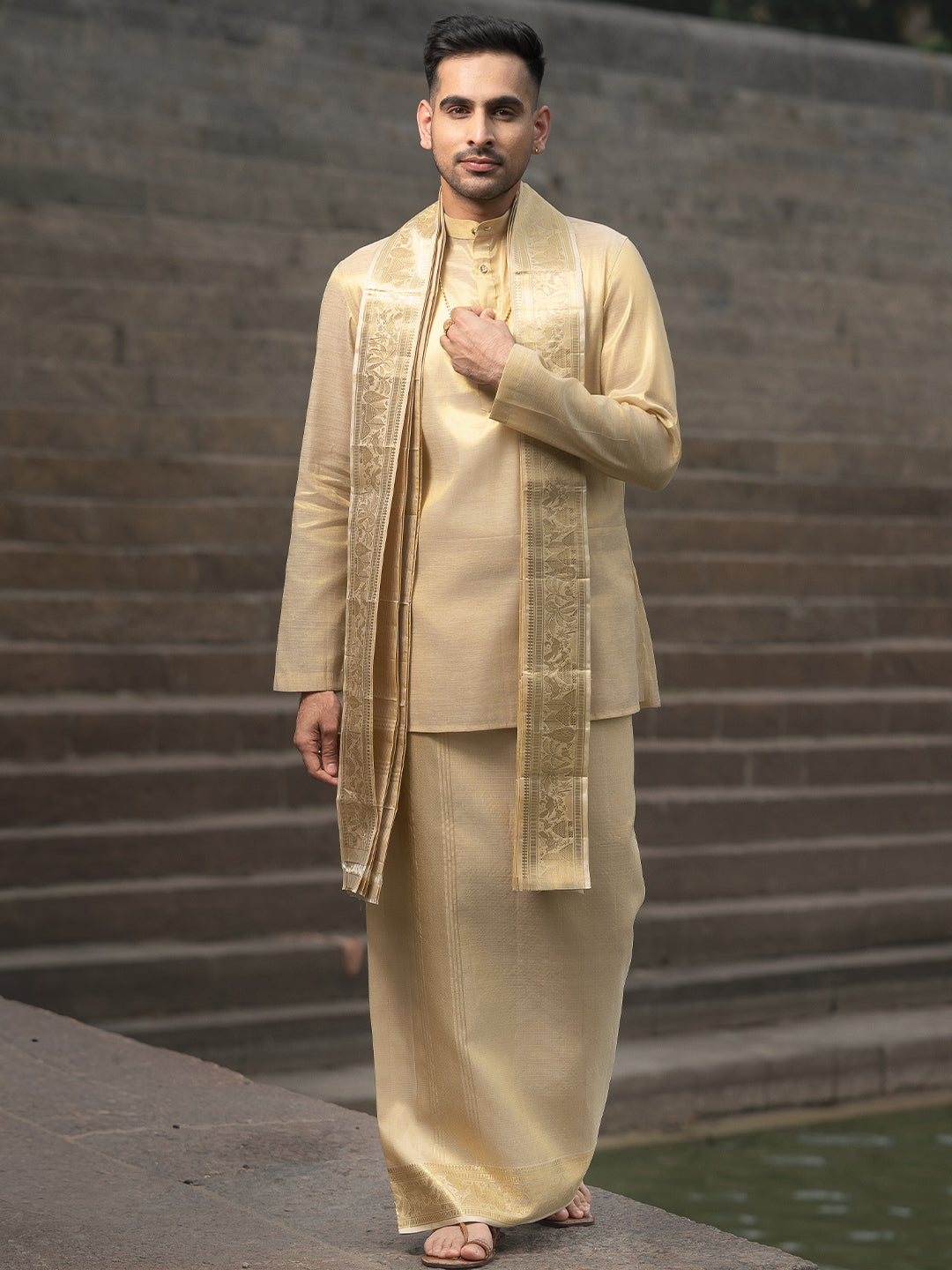 Pure Silk Vairaoosi Check Design Dhoti Shirting & Towel Set with 4" Jari Border – Rajadharbar