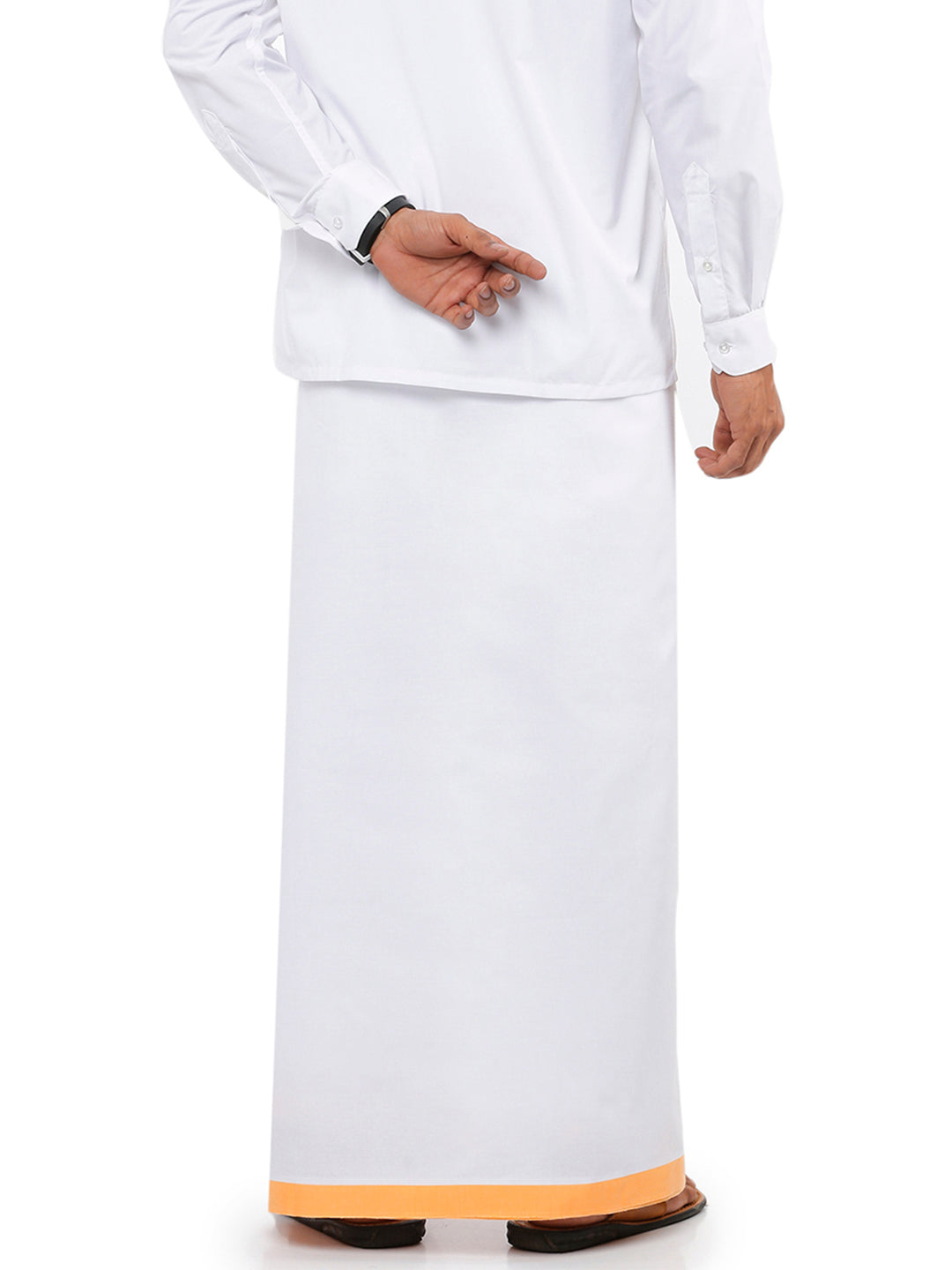 Mens White Double Dhoti with Yellow Border Redfort Special-Back view