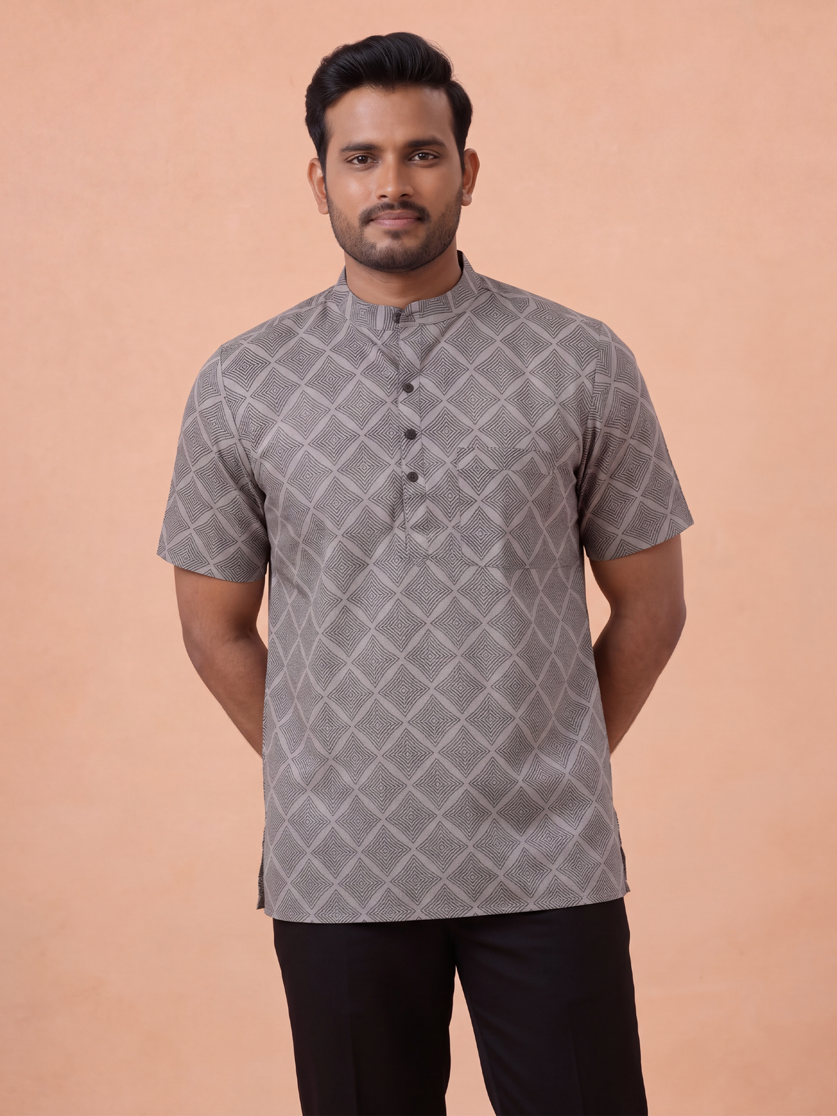 Cotton Short Length Printed Pocket Kurta Grey RH10