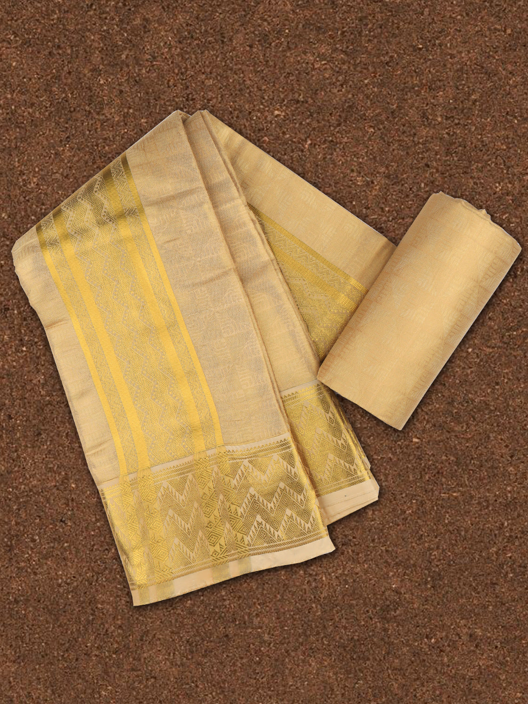 Men Art Silk Jari Dhoti & Shirting Set Gold Brahmotsavam B15(3*1)