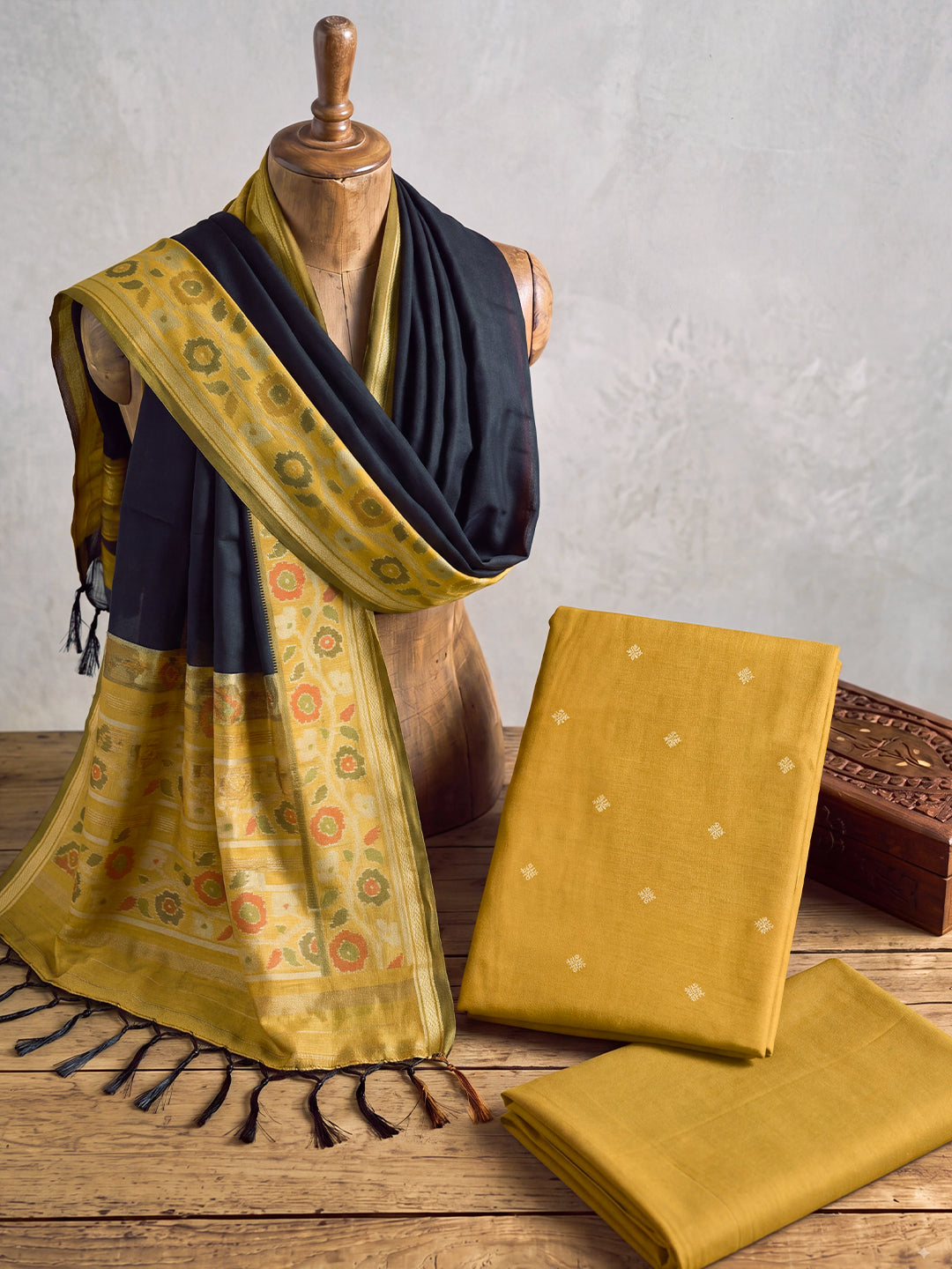 Women Semi Tussar Dress Material Mustard DM367