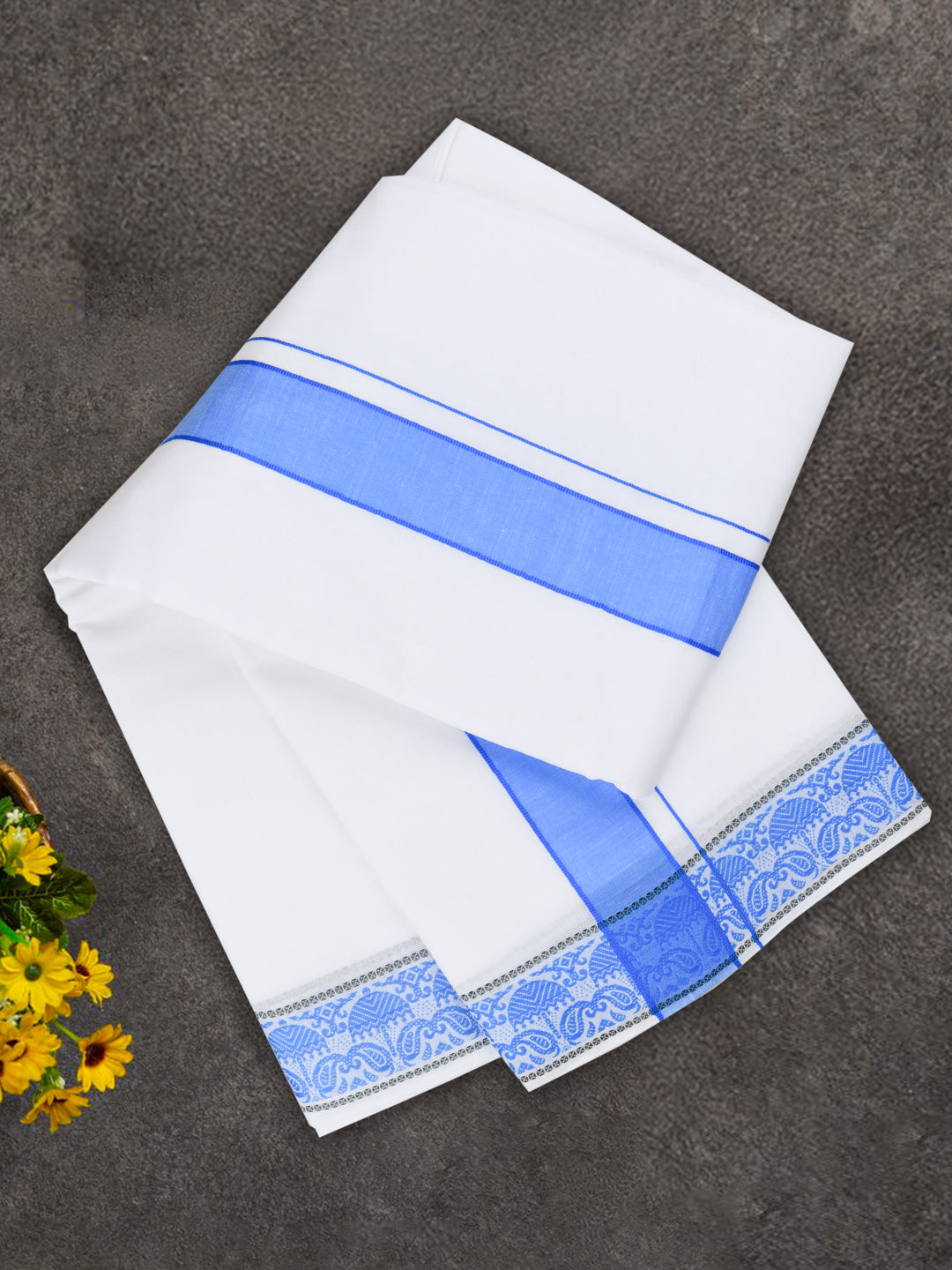 Men Cotton Blue Fancy Border Panchakacham with Angavasthram Srirasthu(9+5) SR47