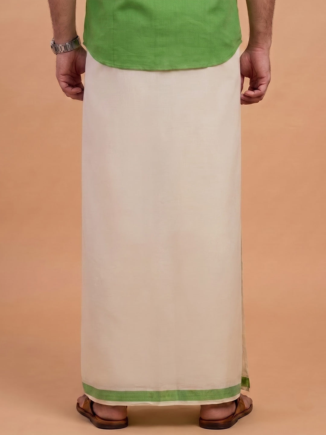 Double Layer 100% Cotton Cream Kora Dhoti with Colour Border - CGJ01