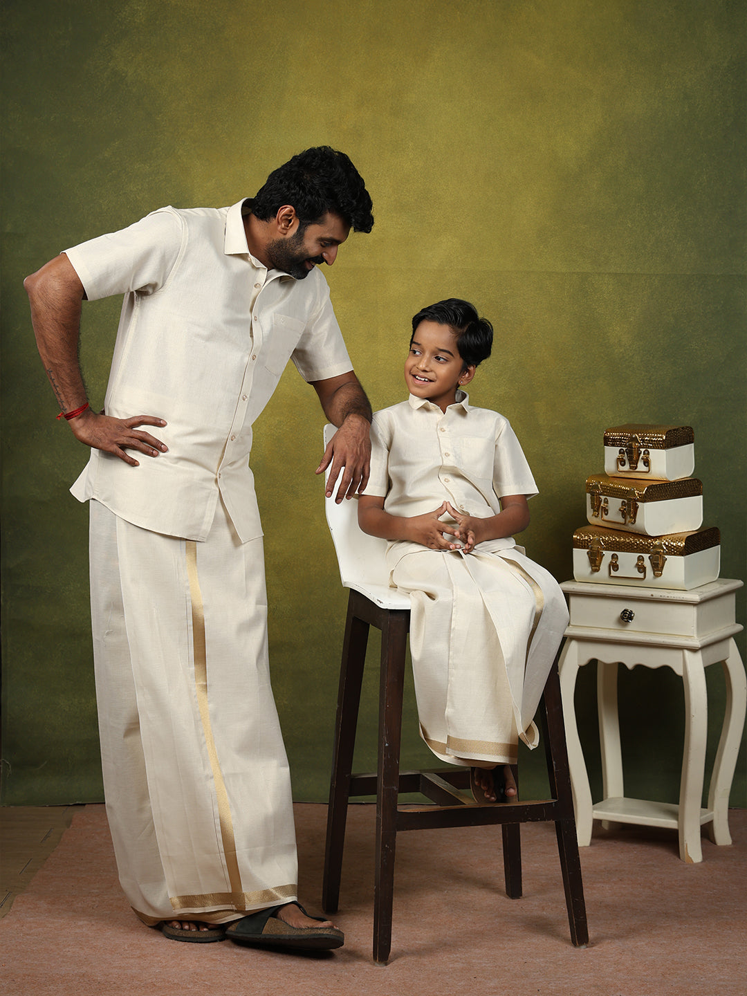 Like Father Like Son Tissue Shirt & Dhoti Combo Antique Gold