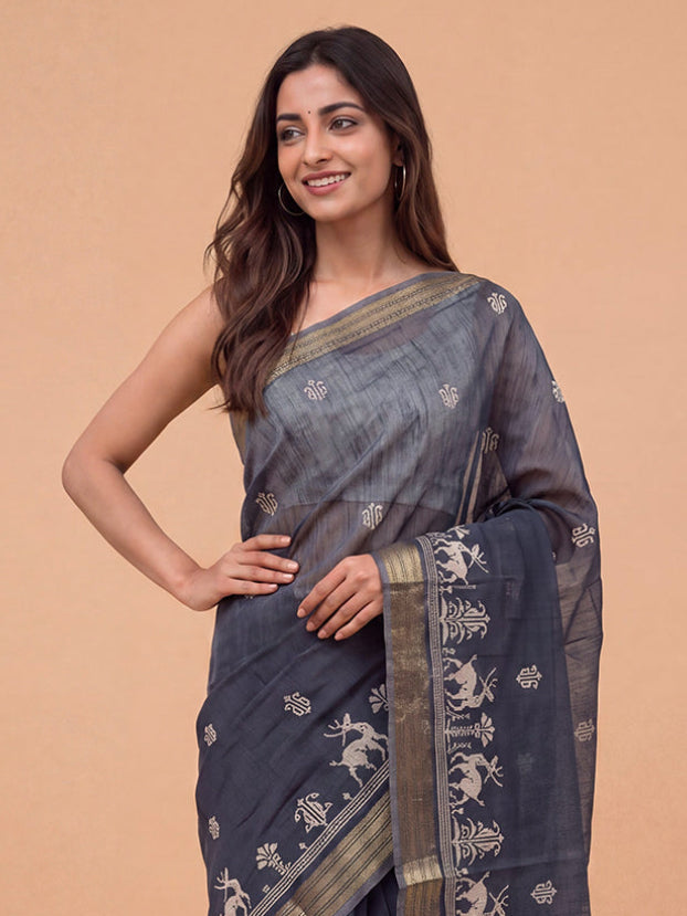 Women Semi Linen Blue Embroidered Saree SL276