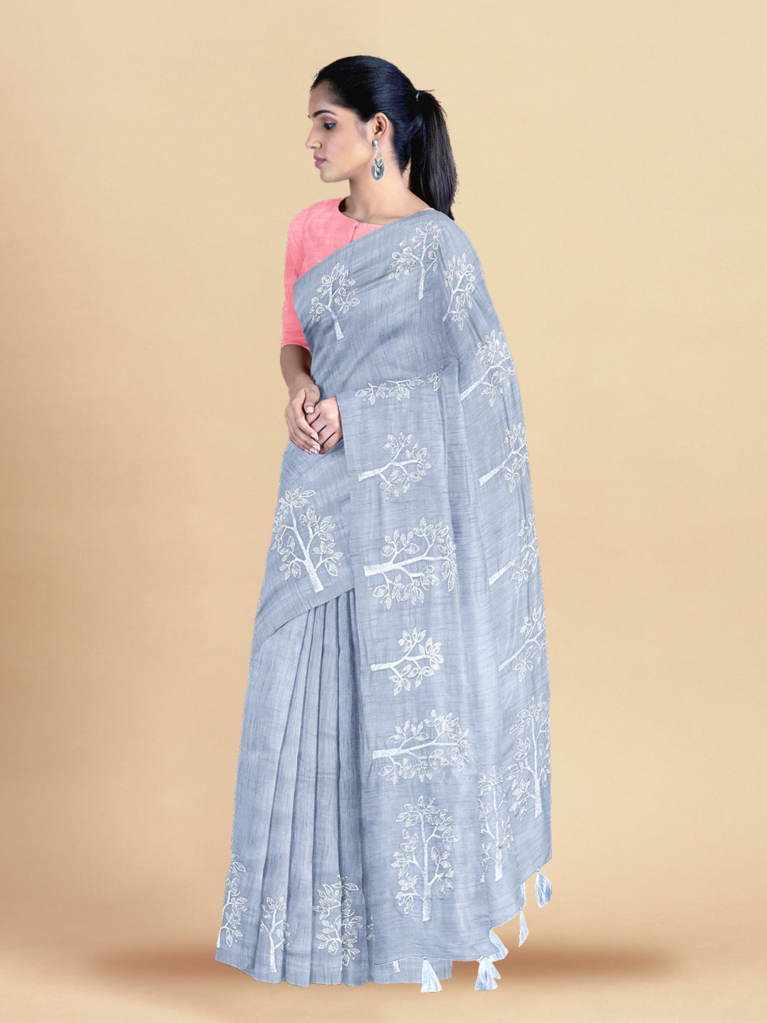 Womens Elegant Semi Tussar Printed Bluish Grey Colour Embroidery Saree ST106