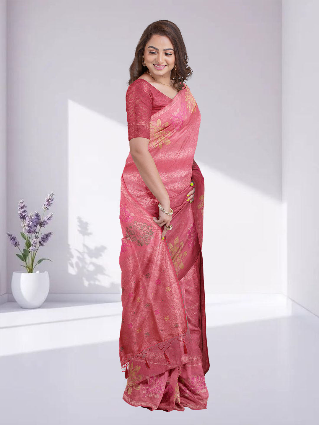 Women Coral Pink Semi Mysore Silk Saree SS373