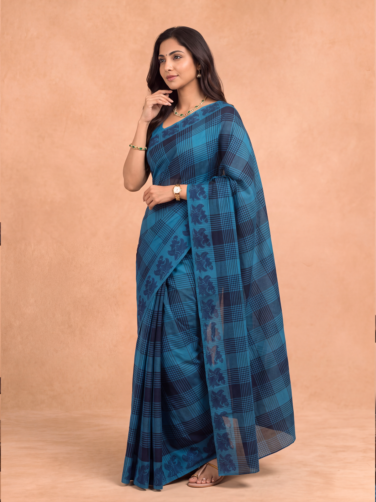 Women Chettinad Cotton Dark Blue Saree CCS14
