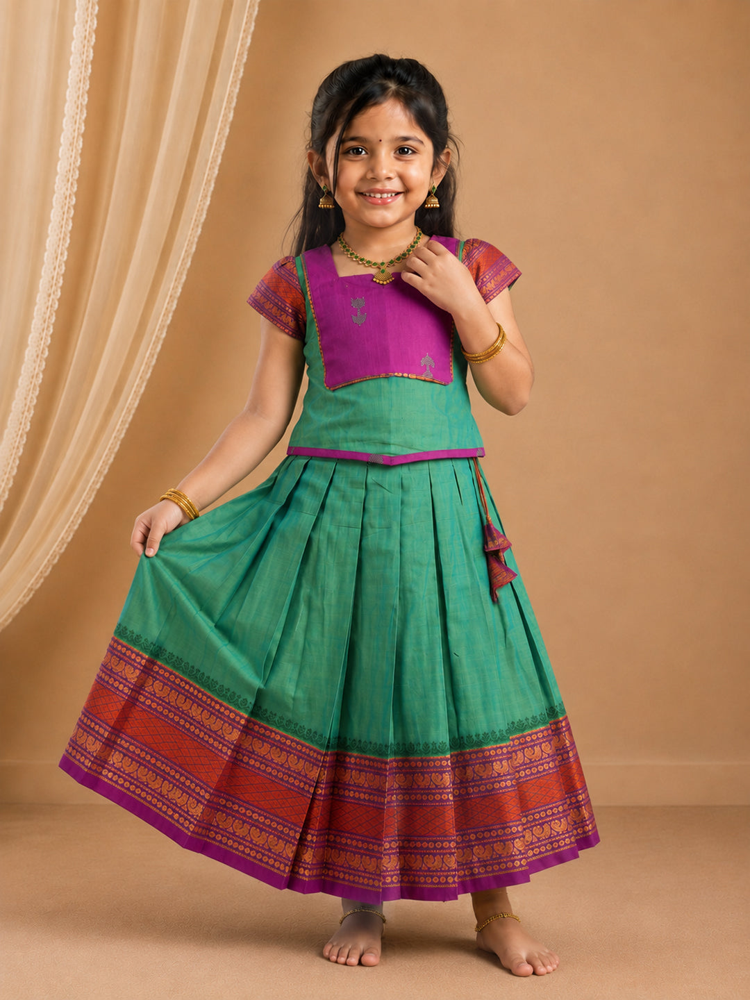 Girls Cotton Green with Violet Pattu Pavadai Set GPS49