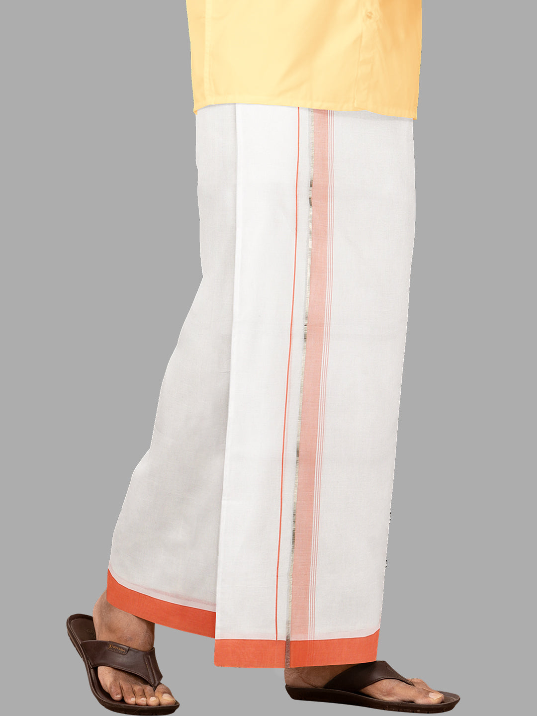 Men White with Orange Fancy Jari Border Single Layer Dhoti HJF04