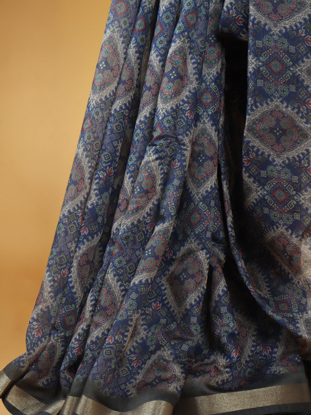 Women Dark Blue Semi Chanderi Cotton Printed Saree SC64