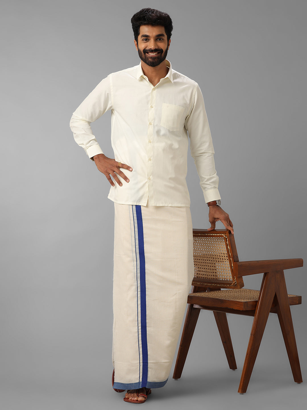 Men Navy Border Double Layer Kora Dhoti VKS04