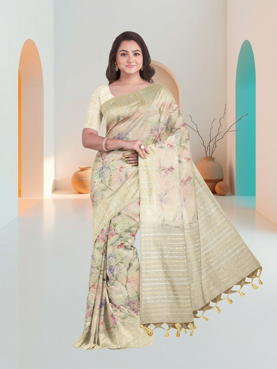 Women Light Yellow Tissue Saree TS43