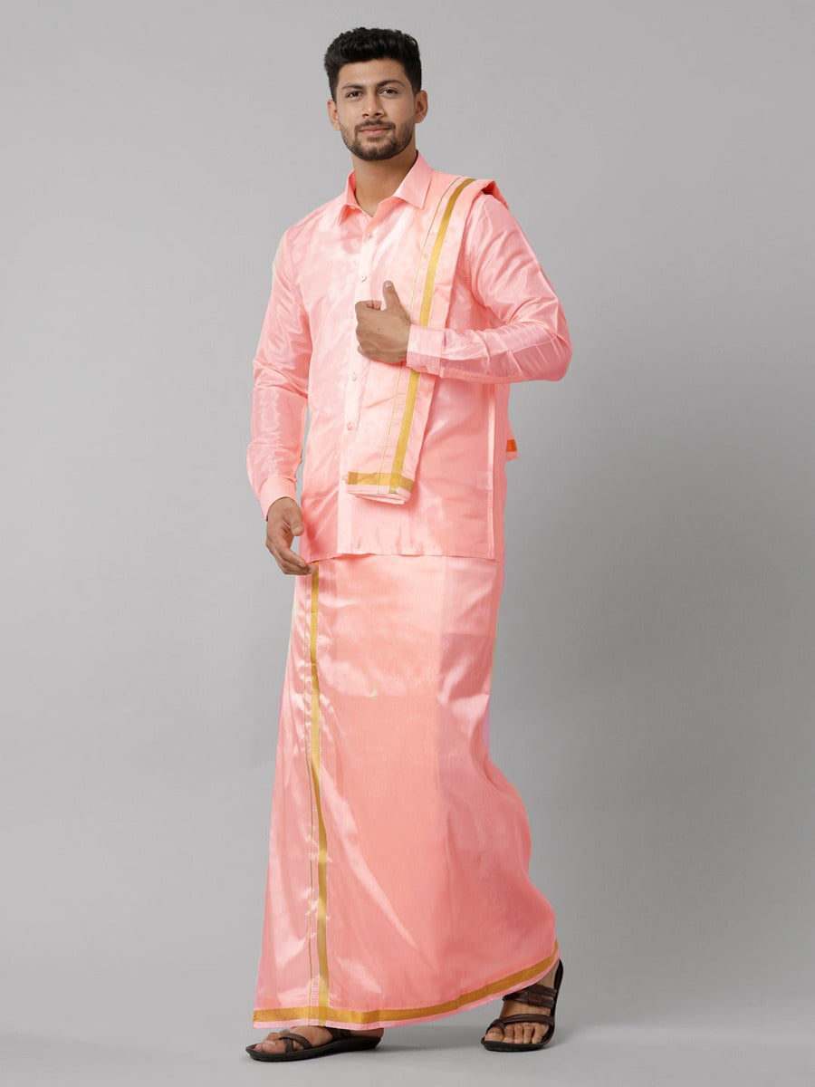 Mens Art Silk Pink Shirt Dhoti Towel Set Swayamvara-Side view