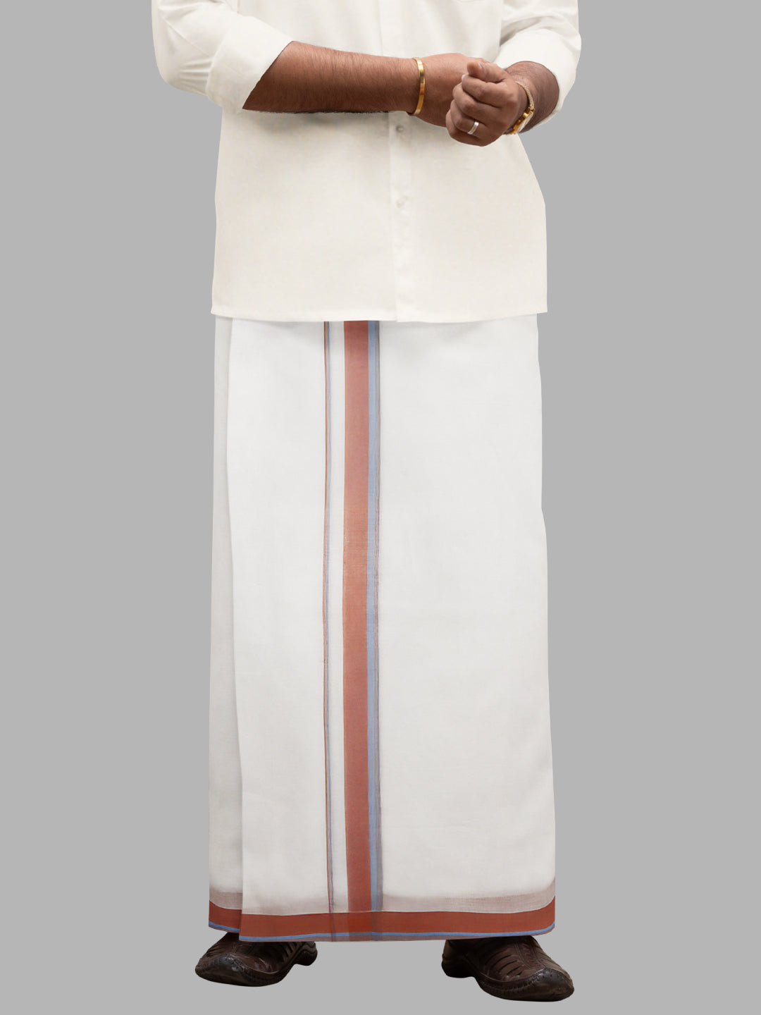 Men Brown Fancy Border Double Layer White Dhoti RVS02