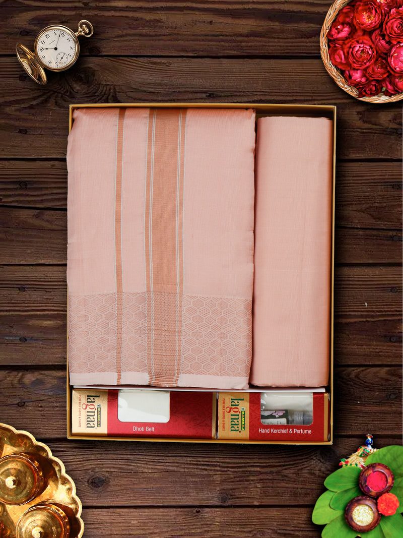 Premium Pure Silk Copper Shirting with 3" Dhoti & Angavasthram Set Rajahamsa