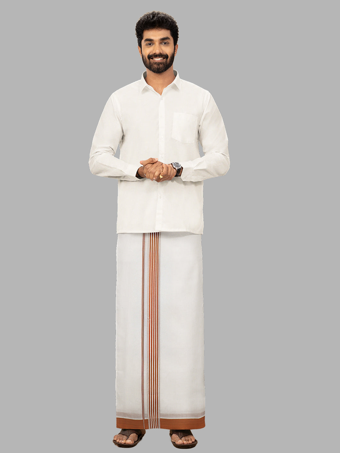 Men Brown Fancy Border Double Layer White Dhoti RF01