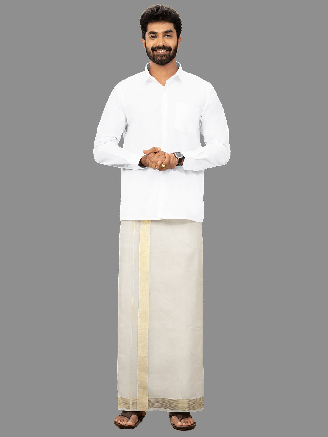 Mens Kora Double Dhoti Gold Jari Border Gold Crown 5435 GC02